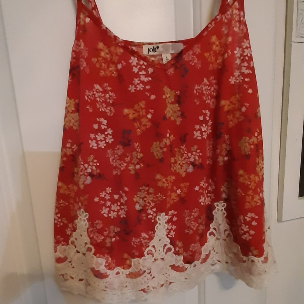 Jolt Red Flower Camisole Top, Sz L, New, Soft Cotton Polyester Blend